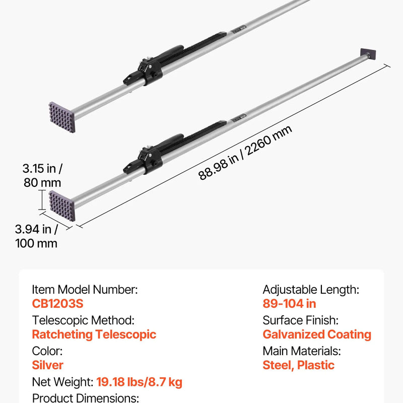 VEVOR kravas fiksācijas stienis, sprūdrata tipa kravas stienis ar regulējamu garumu 2261–2642 mm, izturīgs tērauda kravas stabilizators ar neslīdošiem uzgaļiem, kravas nostiprināšanai kravas auto kastēs, puspiekabēs un piekabēs (2 gab.)