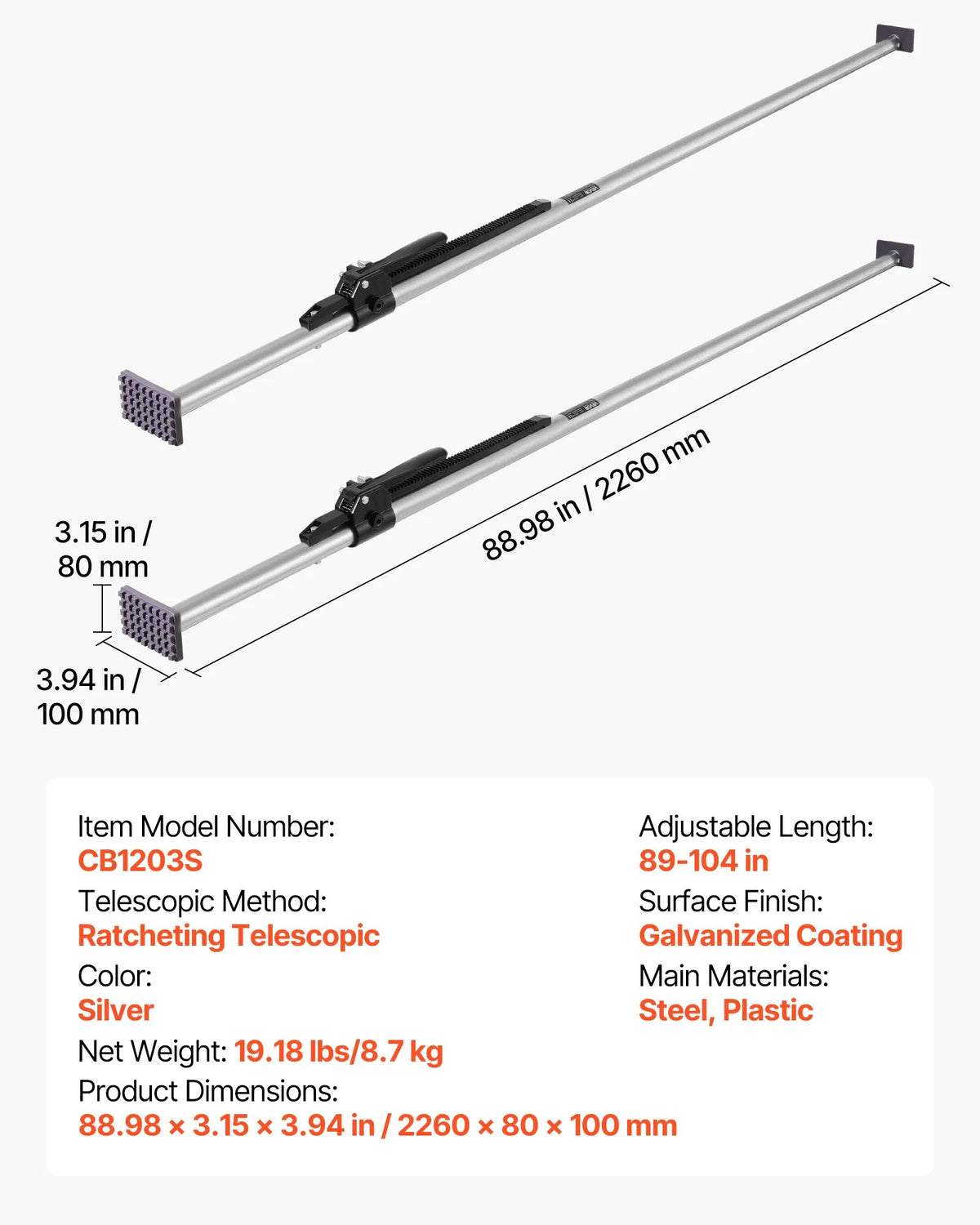 VEVOR Cargo Tie-Down Bar, Ratchet Type Load Bar with Adjustable Length 2261–2642 mm, Durable Steel Cargo Stabiliser with Non-Slip Ends, for Securing Cargo in Truck Beds, Semi-Trailers and Trailers (2 pcs)