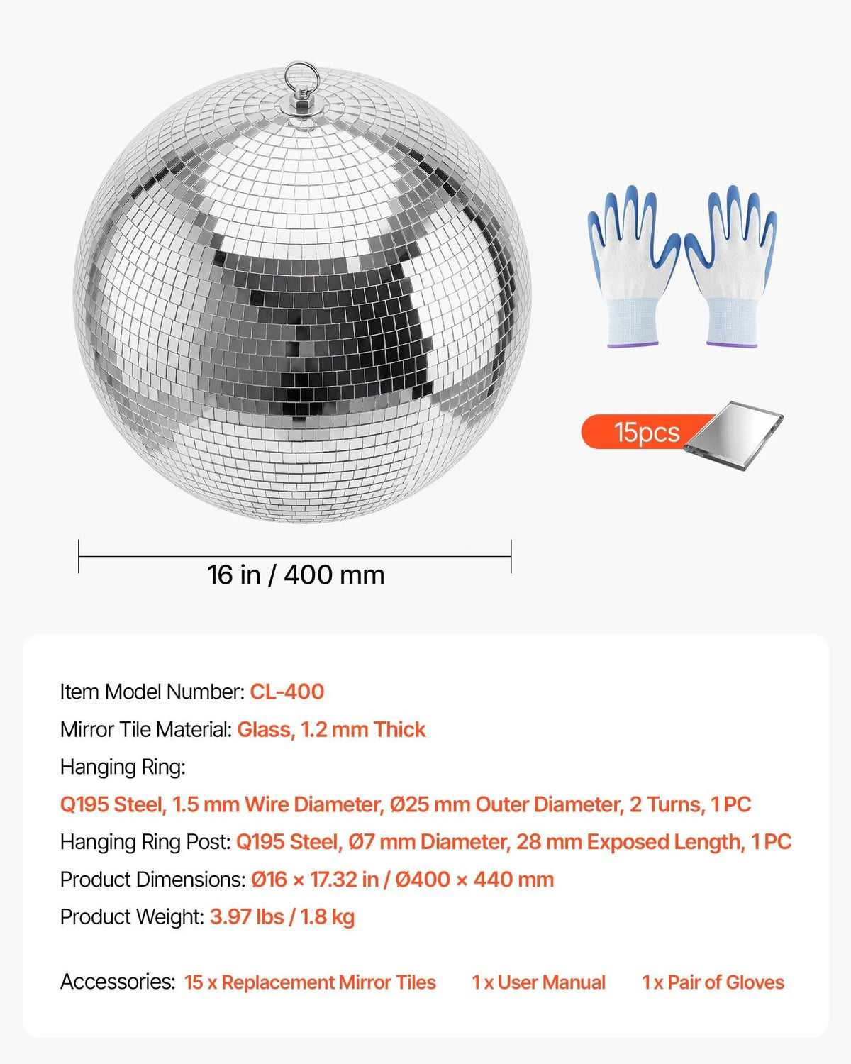 VEVOR 400 mm Silver Mirror Ball with Hanging Ring