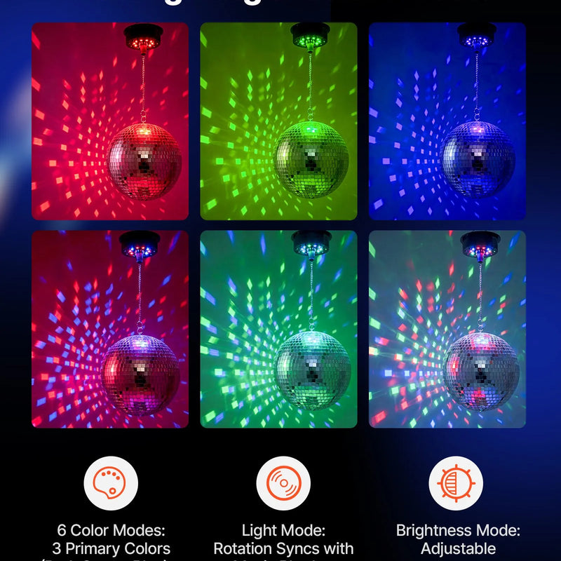 VEVOR 300 mm spoguļdiskobumba ar motoru, tālvadību un LED RGB gaismām