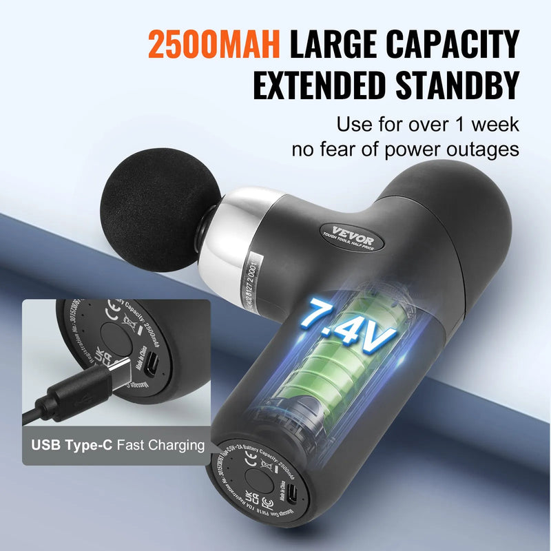 VEVOR mini masāžas ierīce dziļo audu masāžai, pārnēsājama perkusijas masāžas pistole sportistiem ar 4 ātrumiem un 2500 mAh akumulatoru, piemērota sāpju mazināšanai un muskuļu relaksācijai