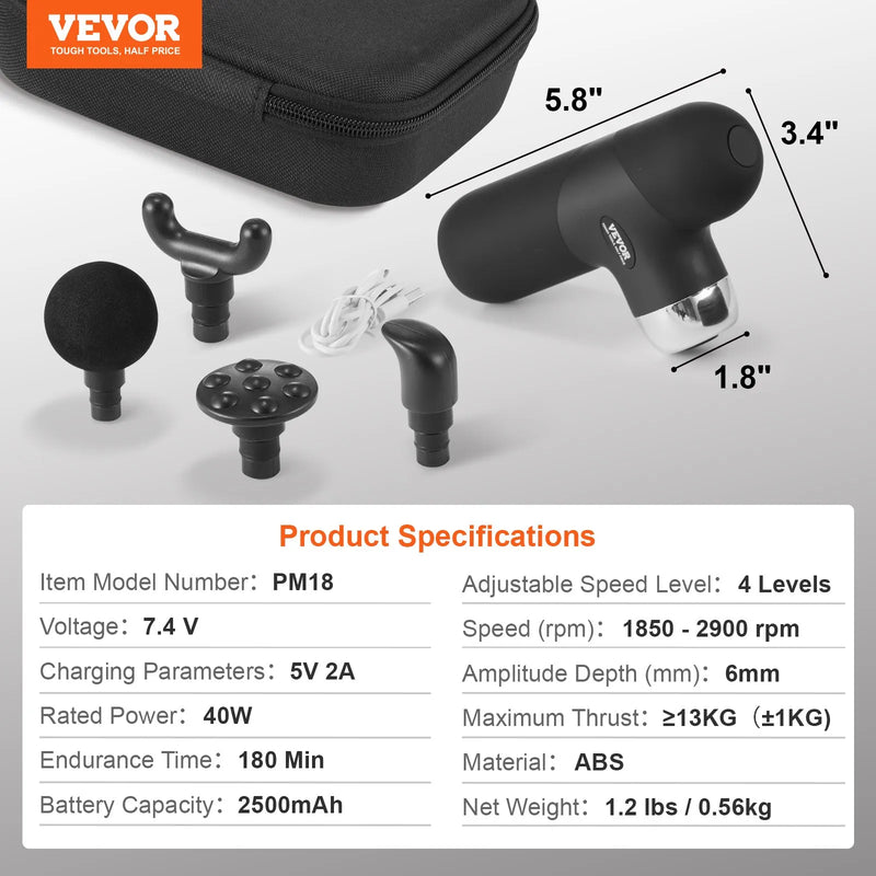 VEVOR mini masāžas ierīce dziļo audu masāžai, pārnēsājama perkusijas masāžas pistole sportistiem ar 4 ātrumiem un 2500 mAh akumulatoru, piemērota sāpju mazināšanai un muskuļu relaksācijai