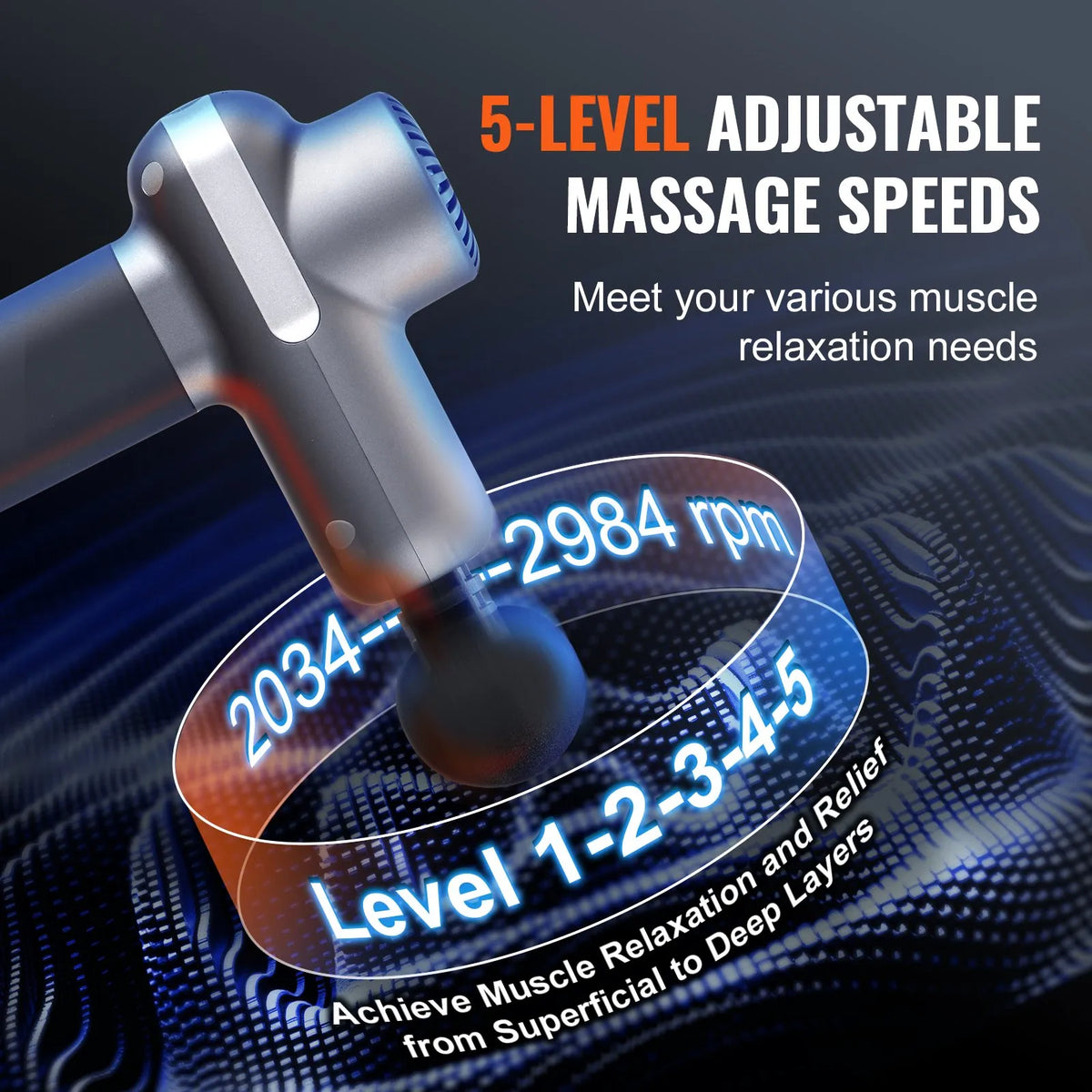 VEVOR mini massage gun, percussion muscle massage device for athletes with 5 speed levels and 6 massage heads, 7.4 V 2500 mAh battery, compact handheld massage gun for pain relief and muscle relaxation