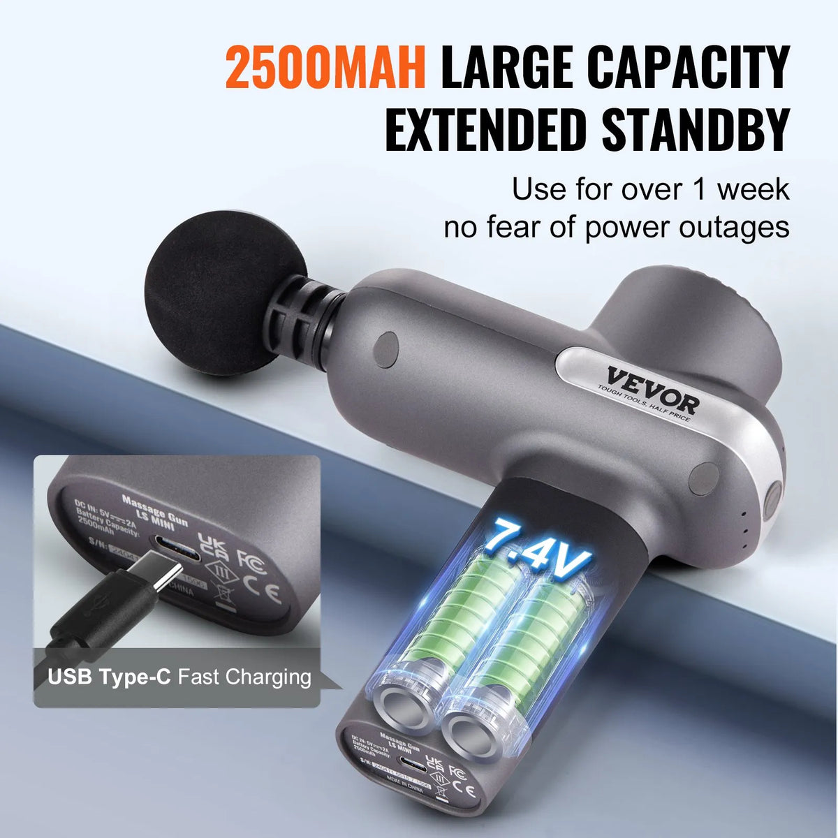 VEVOR mini massage gun, percussion muscle massage device for athletes with 5 speed levels and 6 massage heads, 7.4 V 2500 mAh battery, compact handheld massage gun for pain relief and muscle relaxation