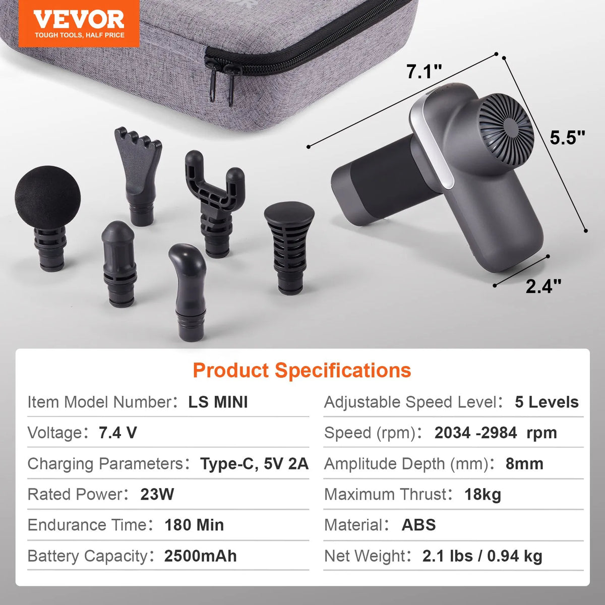 VEVOR mini massage gun, percussion muscle massage device for athletes with 5 speed levels and 6 massage heads, 7.4 V 2500 mAh battery, compact handheld massage gun for pain relief and muscle relaxation