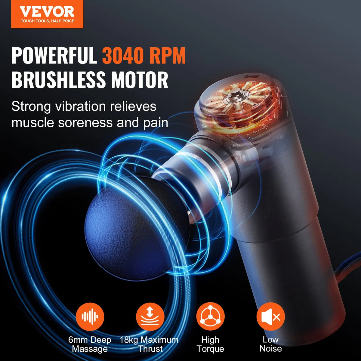 VEVOR mini deep tissue massage gun, percussion muscle massage device for athletes with 4 speed levels and 4 massage heads, 12 V 2500 mAh battery for pain relief and muscle relaxation