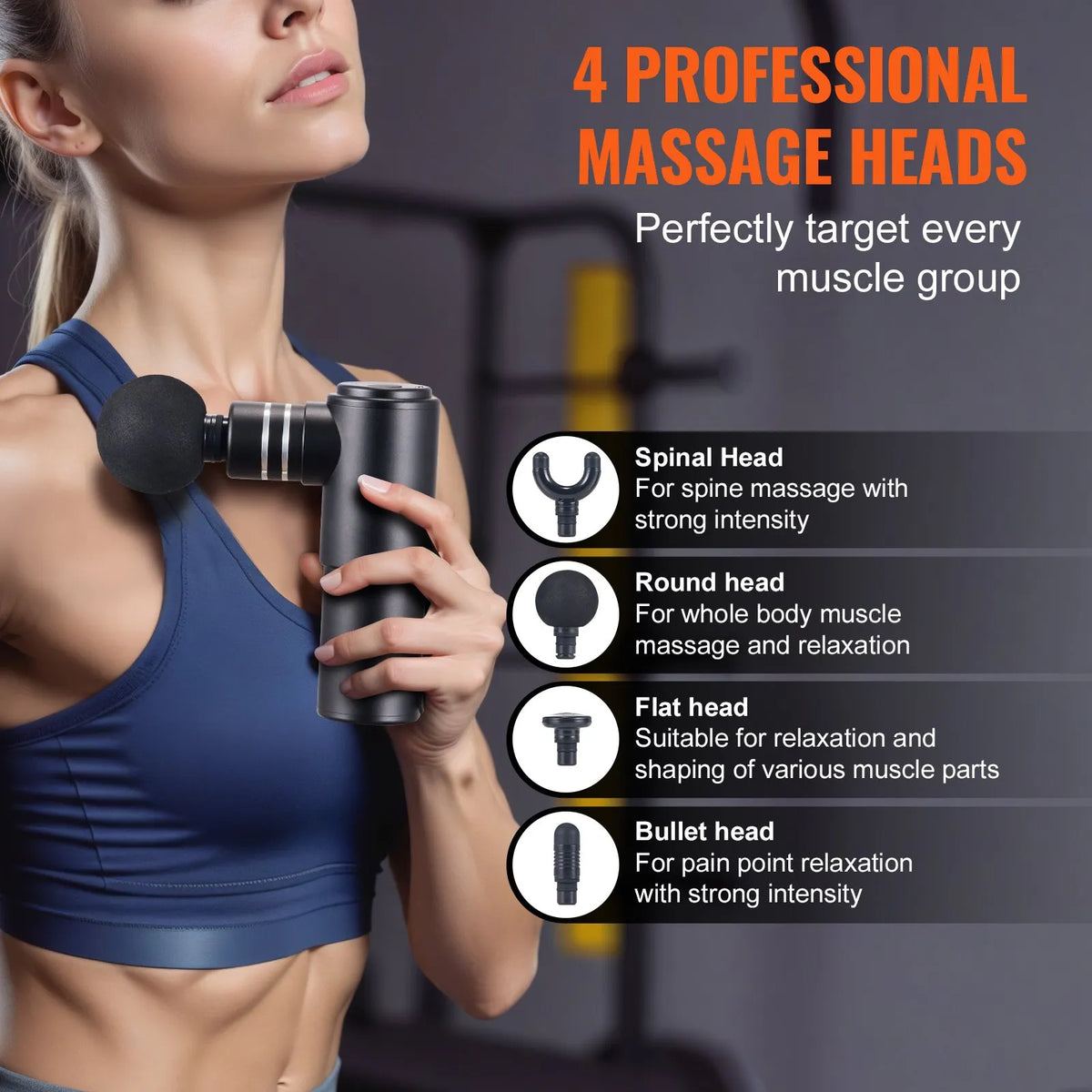 VEVOR mini deep tissue massage gun, percussion muscle massage device for athletes with 4 speed levels and 4 massage heads, 12 V 2500 mAh battery for pain relief and muscle relaxation