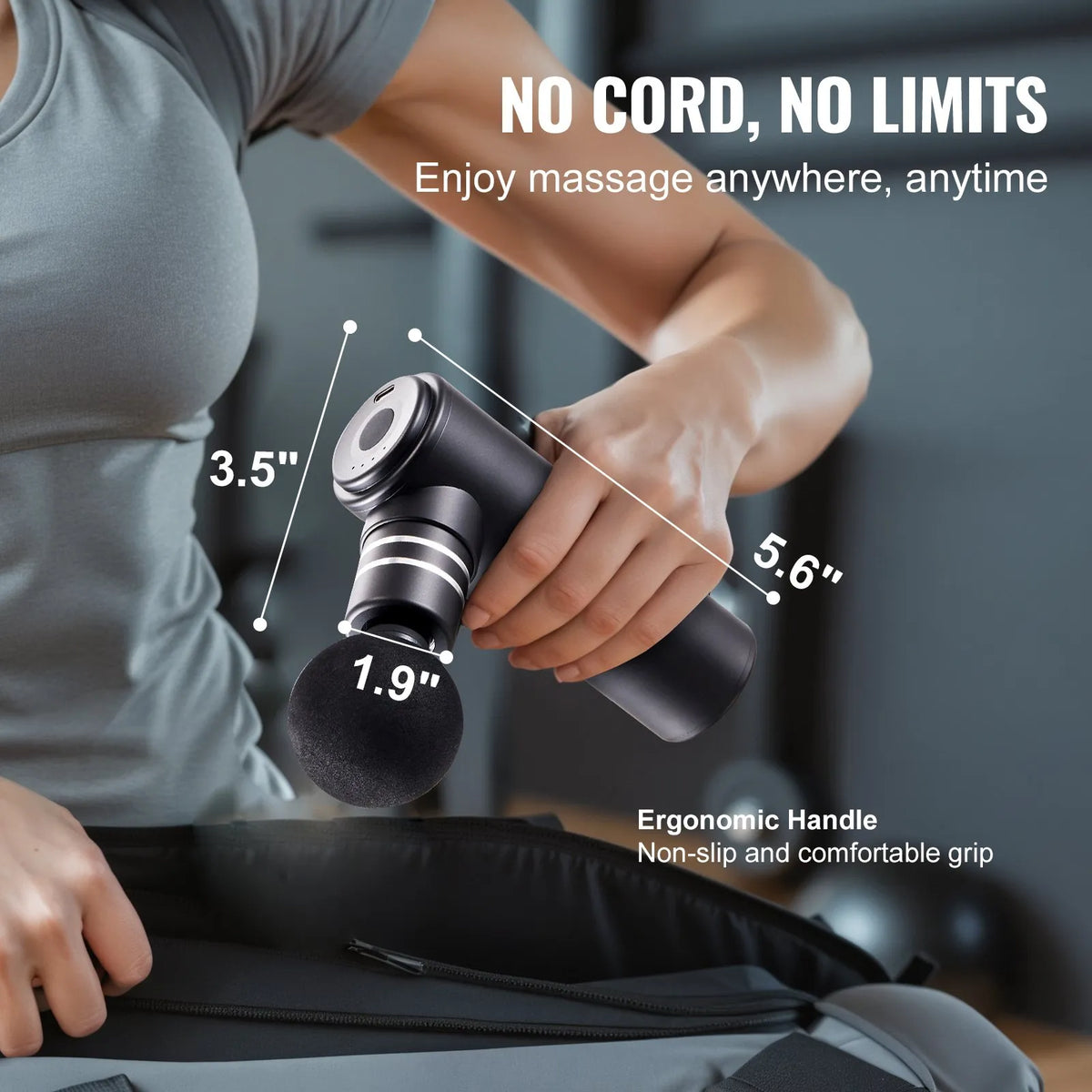 VEVOR mini deep tissue massage gun, percussion muscle massage device for athletes with 4 speed levels and 4 massage heads, 12 V 2500 mAh battery for pain relief and muscle relaxation