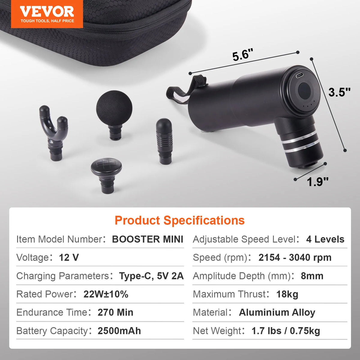 VEVOR mini deep tissue massage gun, percussion muscle massage device for athletes with 4 speed levels and 4 massage heads, 12 V 2500 mAh battery for pain relief and muscle relaxation