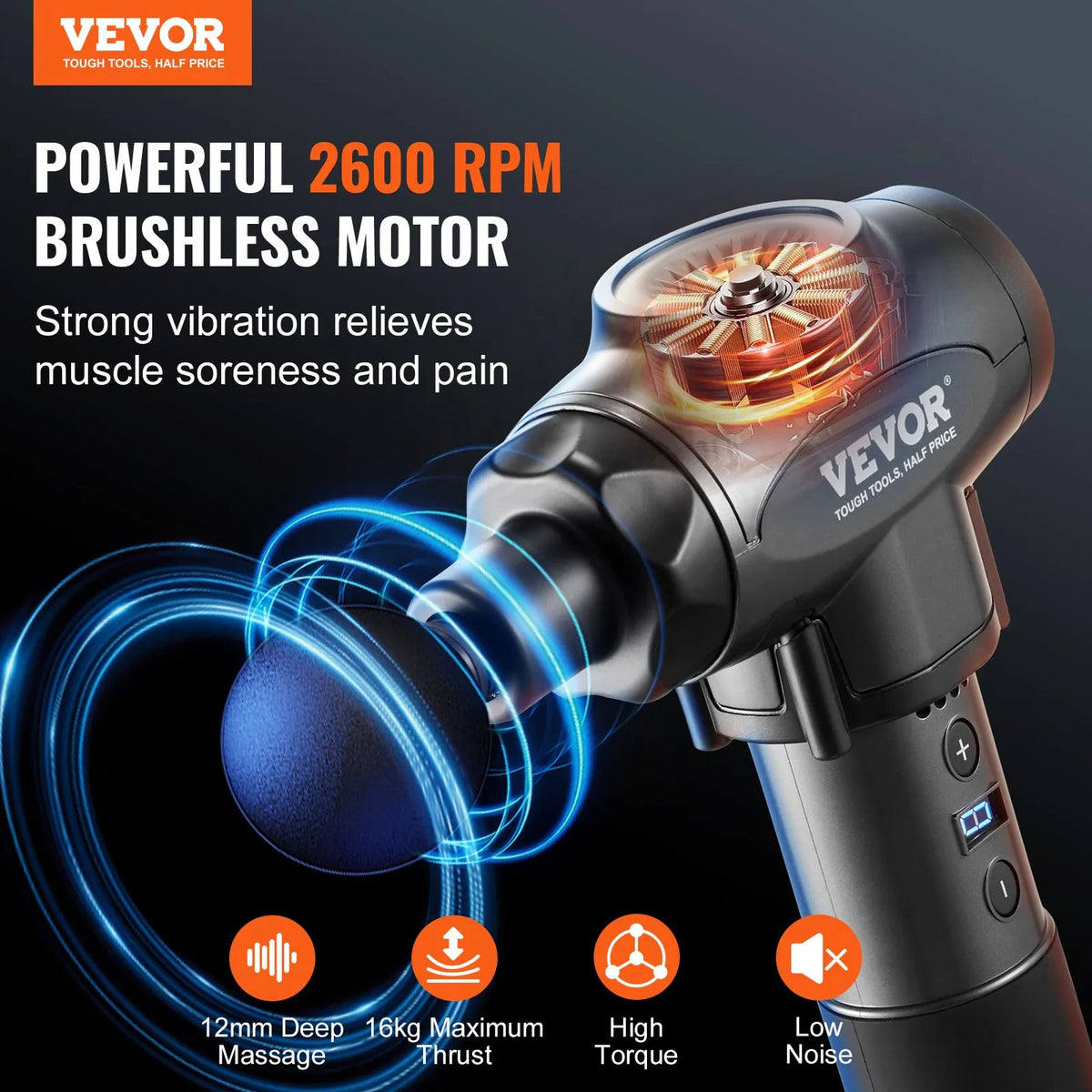 VEVOR Deep Tissue Massage Gun with 9 Speed Levels and 6 Massage Heads, 24V 2500mAh Battery, Percussion Muscle Massage Device for Athletes Pain Relief and Muscle Relaxation