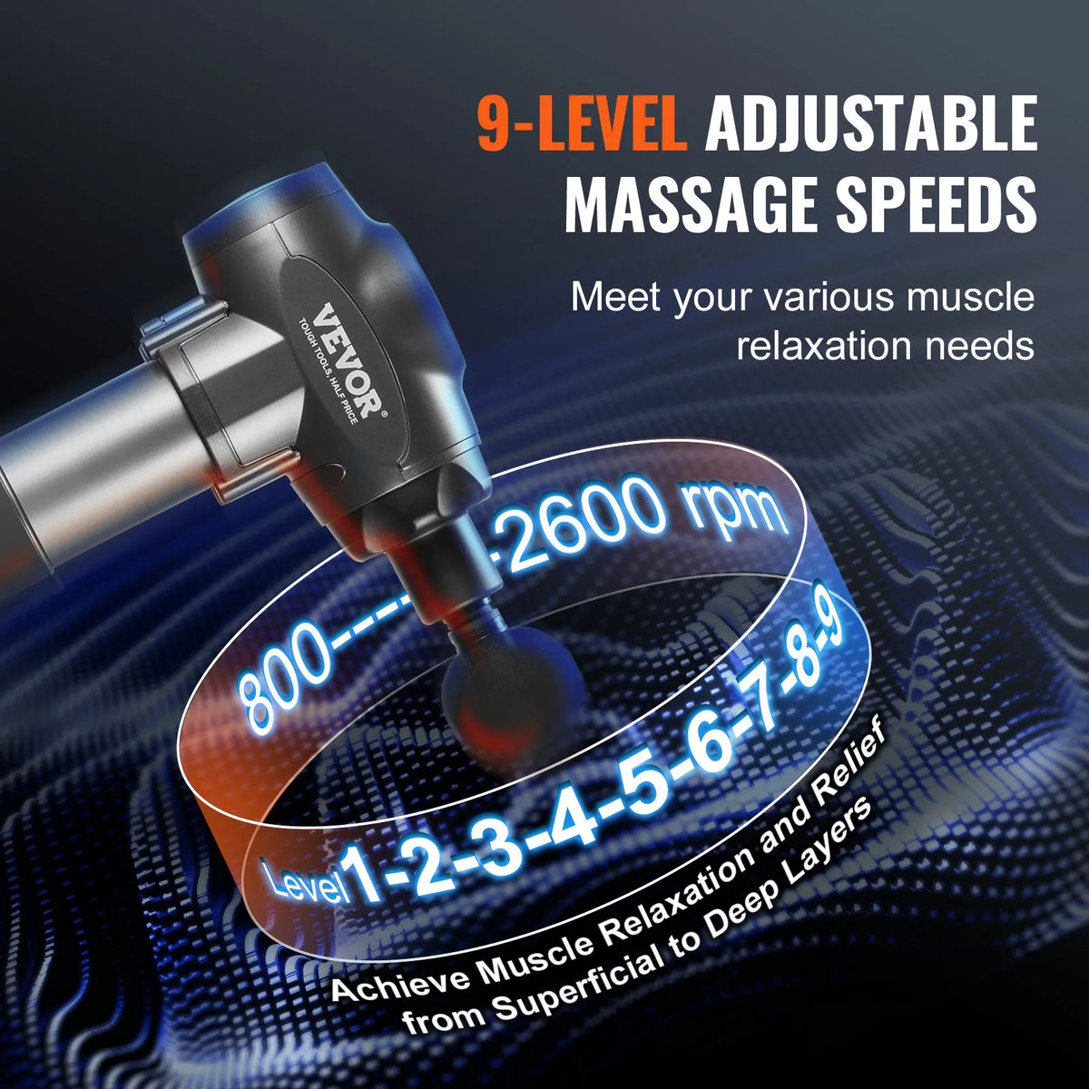 VEVOR Deep Tissue Massage Gun with 9 Speed Levels and 6 Massage Heads, 24V 2500mAh Battery, Percussion Muscle Massage Device for Athletes Pain Relief and Muscle Relaxation
