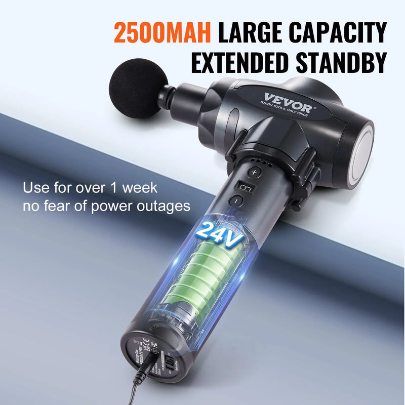 VEVOR dziļo audu masāžas pistole ar 9 ātruma līmeņiem un 6 masāžas uzgaļiem, 24 V 2500 mAh akumulators, perkusīvā muskuļu masāžas ierīce sportistiem sāpju mazināšanai un muskuļu relaksācijai