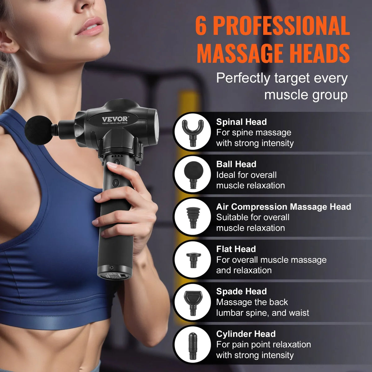 VEVOR Deep Tissue Massage Gun with 9 Speed Levels and 6 Massage Heads, 24V 2500mAh Battery, Percussion Muscle Massage Device for Athletes Pain Relief and Muscle Relaxation