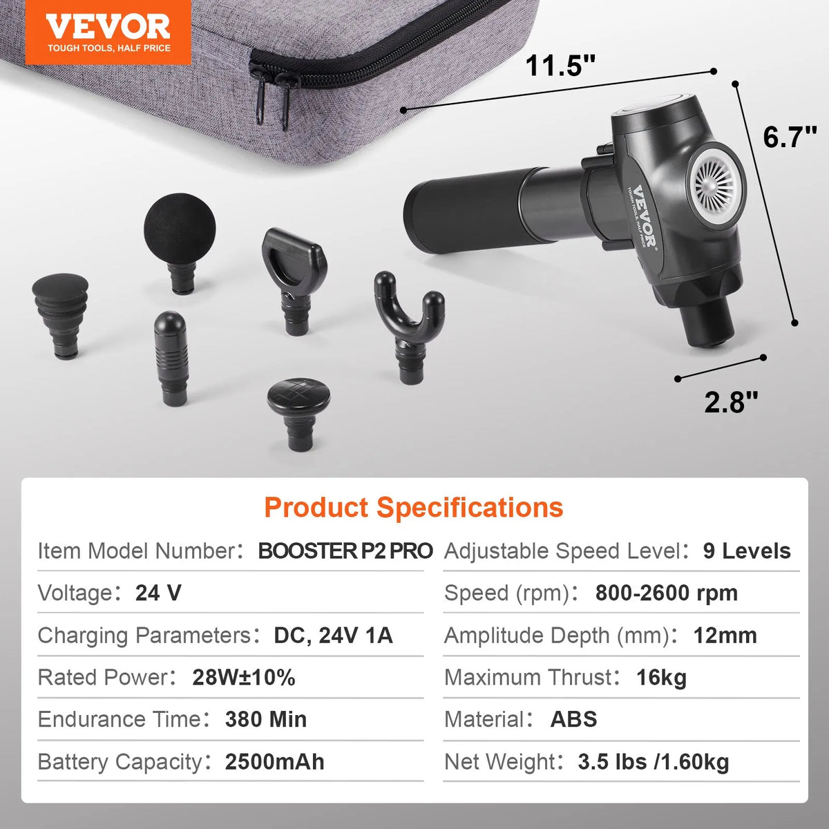 VEVOR Deep Tissue Massage Gun with 9 Speed Levels and 6 Massage Heads, 24V 2500mAh Battery, Percussion Muscle Massage Device for Athletes Pain Relief and Muscle Relaxation
