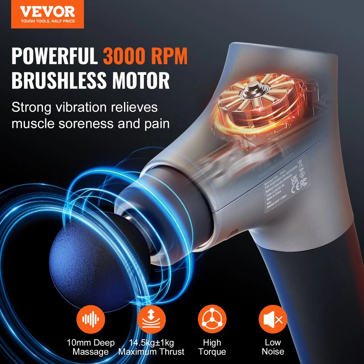 VEVOR Deep Tissue Massage Gun, Percussion Muscle Massage Device for Athletes with 6 Speed Levels and 4 Massage Heads, 12V 2500mAh Battery, Mini Handheld Massage Gun for Pain Relief and Muscle Relaxation