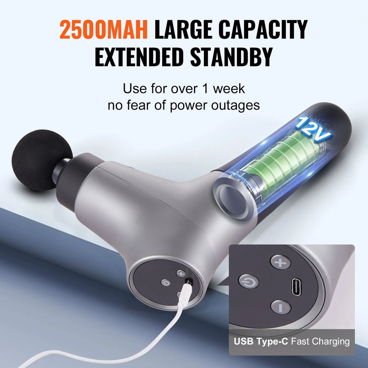 VEVOR Deep Tissue Massage Gun, Percussion Muscle Massage Device for Athletes with 6 Speed Levels and 4 Massage Heads, 12V 2500mAh Battery, Mini Handheld Massage Gun for Pain Relief and Muscle Relaxation