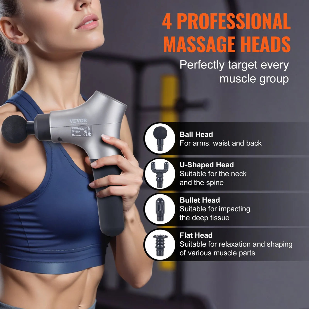 VEVOR Deep Tissue Massage Gun, Percussion Muscle Massage Device for Athletes with 6 Speed Levels and 4 Massage Heads, 12V 2500mAh Battery, Mini Handheld Massage Gun for Pain Relief and Muscle Relaxation
