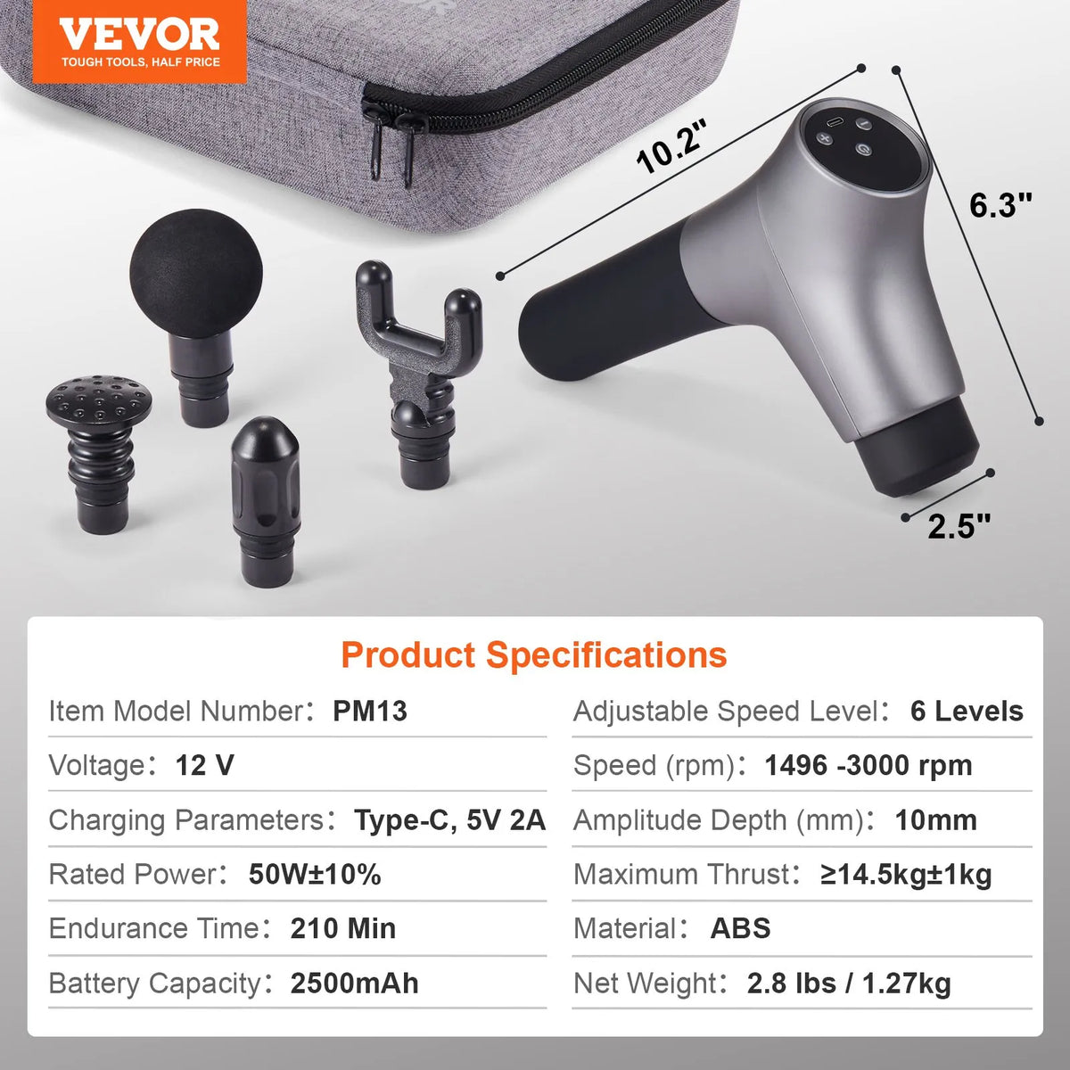 VEVOR Deep Tissue Massage Gun, Percussion Muscle Massage Device for Athletes with 6 Speed Levels and 4 Massage Heads, 12V 2500mAh Battery, Mini Handheld Massage Gun for Pain Relief and Muscle Relaxation