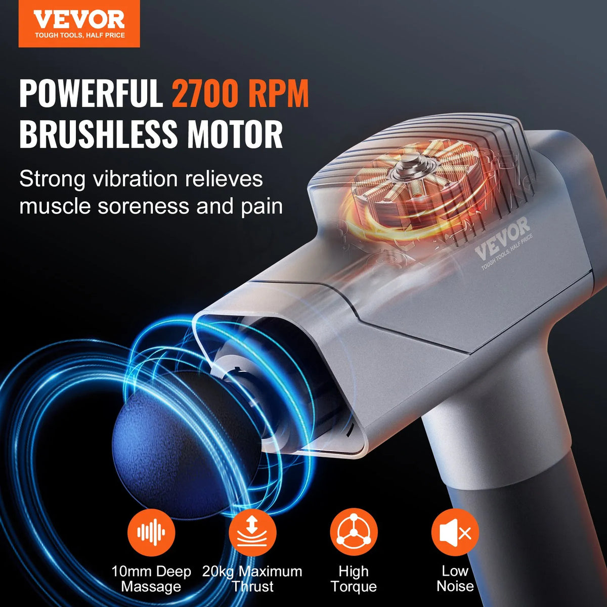 VEVOR Deep Tissue Massage Gun, Percussion Muscle Massage Device for Athletes with 8 Speed Levels and 6 Massage Heads, 16V 2500mAh Battery, Handheld Massage Gun for Pain Relief and Muscle Relaxation