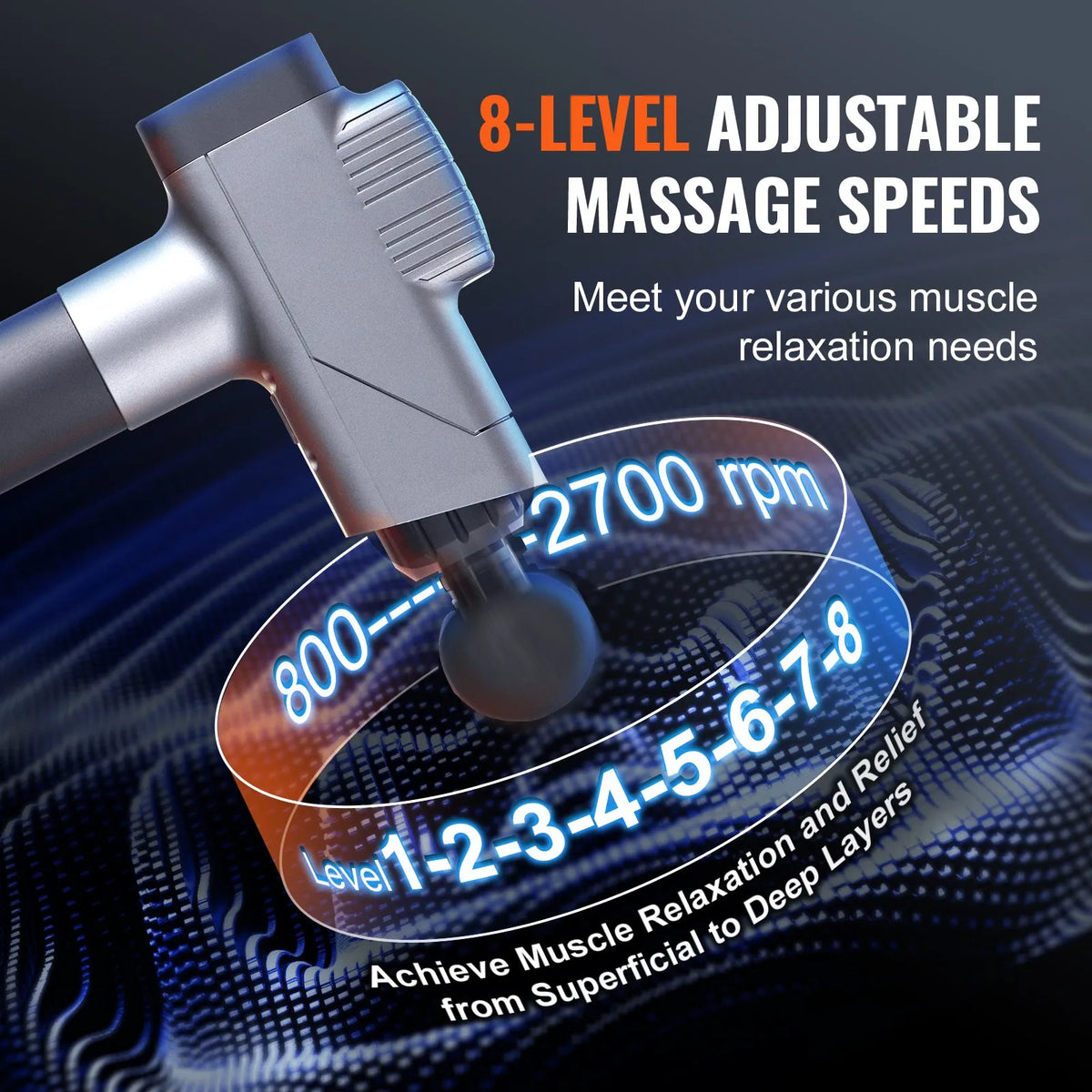 VEVOR Deep Tissue Massage Gun, Percussion Muscle Massage Device for Athletes with 8 Speed Levels and 6 Massage Heads, 16V 2500mAh Battery, Handheld Massage Gun for Pain Relief and Muscle Relaxation