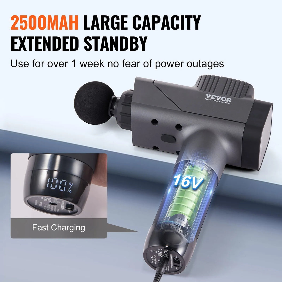 VEVOR Deep Tissue Massage Gun, Percussion Muscle Massage Device for Athletes with 8 Speed Levels and 6 Massage Heads, 16V 2500mAh Battery, Handheld Massage Gun for Pain Relief and Muscle Relaxation