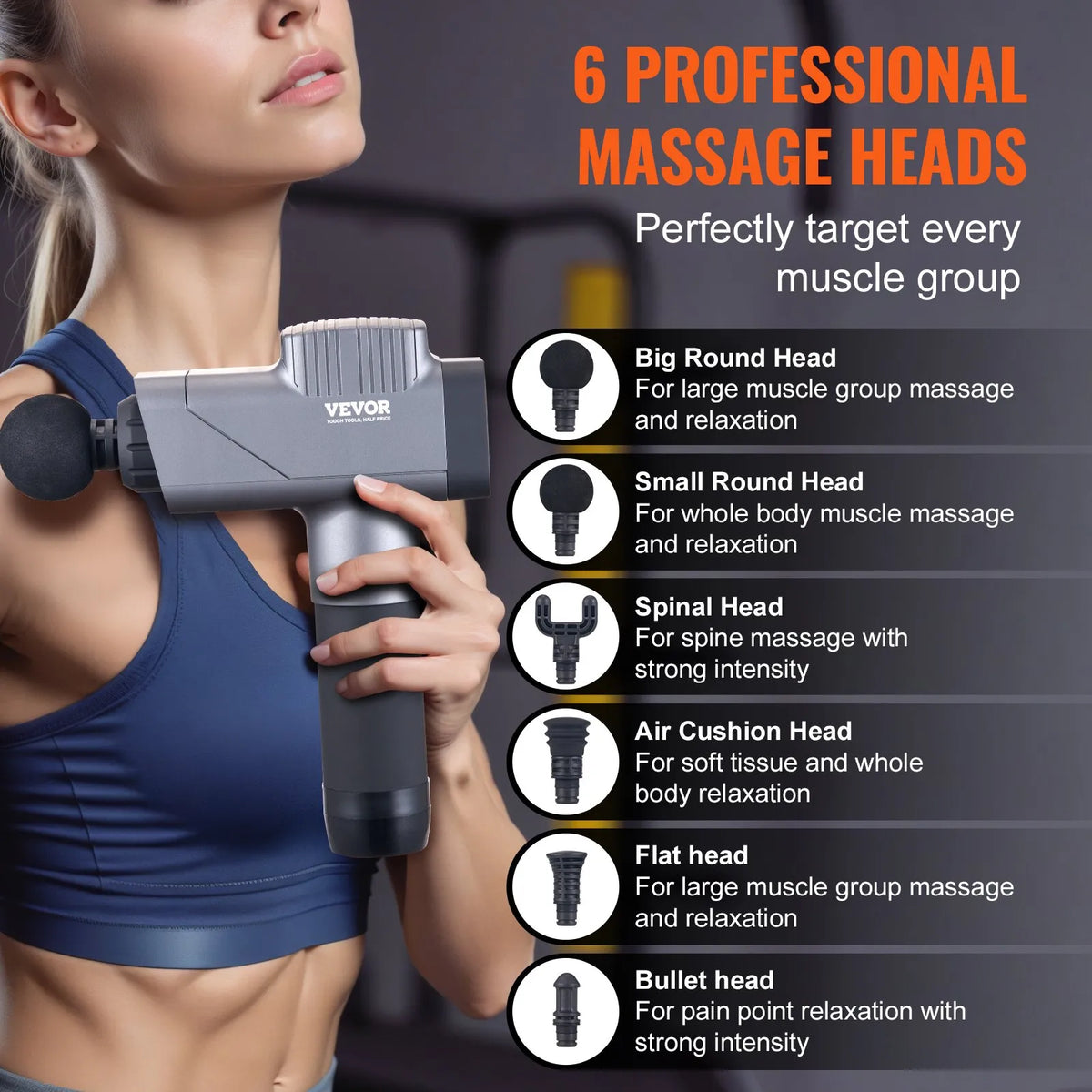 VEVOR Deep Tissue Massage Gun, Percussion Muscle Massage Device for Athletes with 8 Speed Levels and 6 Massage Heads, 16V 2500mAh Battery, Handheld Massage Gun for Pain Relief and Muscle Relaxation