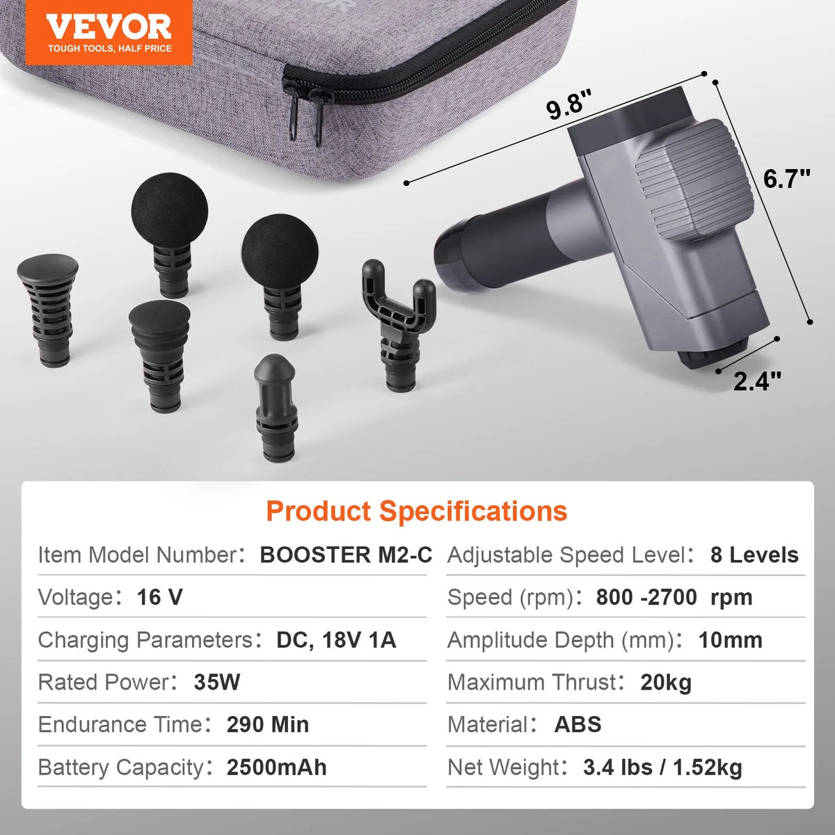 VEVOR Deep Tissue Massage Gun, Percussion Muscle Massage Device for Athletes with 8 Speed Levels and 6 Massage Heads, 16V 2500mAh Battery, Handheld Massage Gun for Pain Relief and Muscle Relaxation