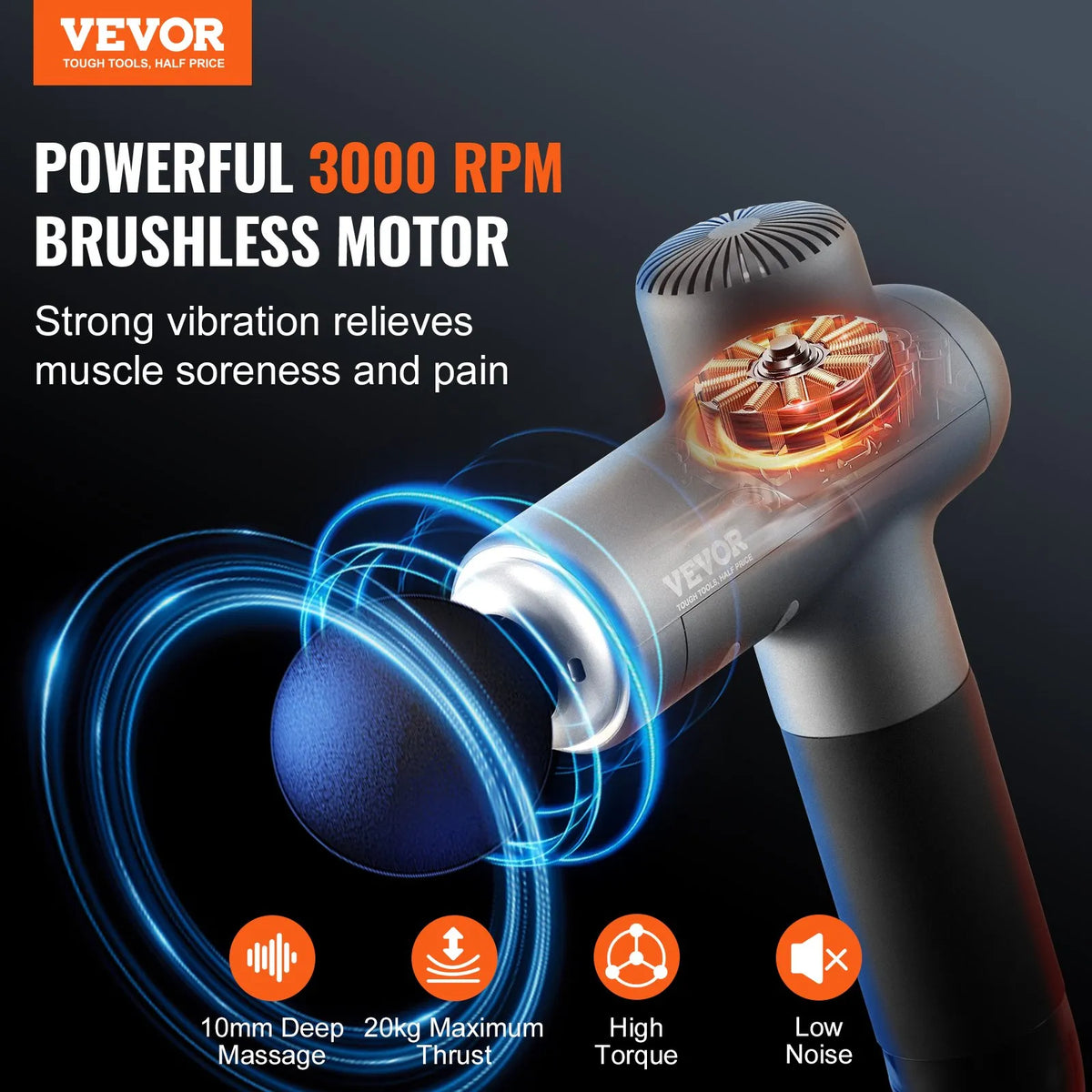 VEVOR Deep Tissue Massage Gun, Percussion Muscle Massage Device for Athletes with 8 Speed Levels and 6 Massage Heads, 24V 2500mAh Battery for Pain Relief and Muscle Relaxation