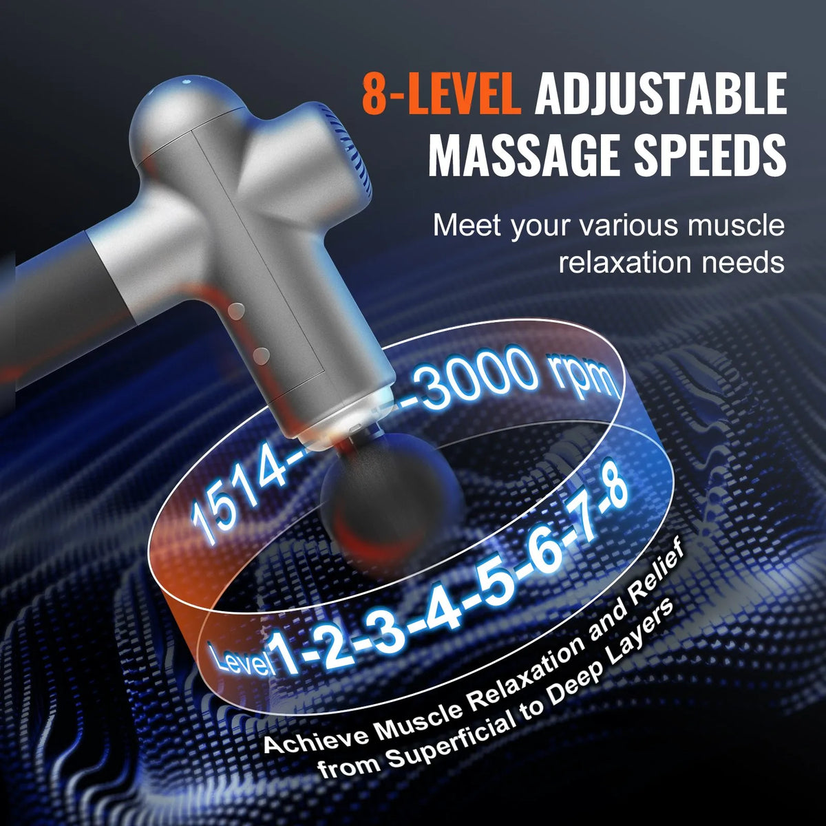 VEVOR Deep Tissue Massage Gun, Percussion Muscle Massage Device for Athletes with 8 Speed Levels and 6 Massage Heads, 24V 2500mAh Battery for Pain Relief and Muscle Relaxation