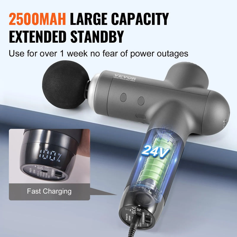 VEVOR dziļo audu masāžas pistole, perkusīvā muskuļu masāžas ierīce sportistiem ar 8 ātruma līmeņiem un 6 masāžas uzgaļiem, 24 V 2500 mAh akumulators sāpju mazināšanai un muskuļu relaksācijai