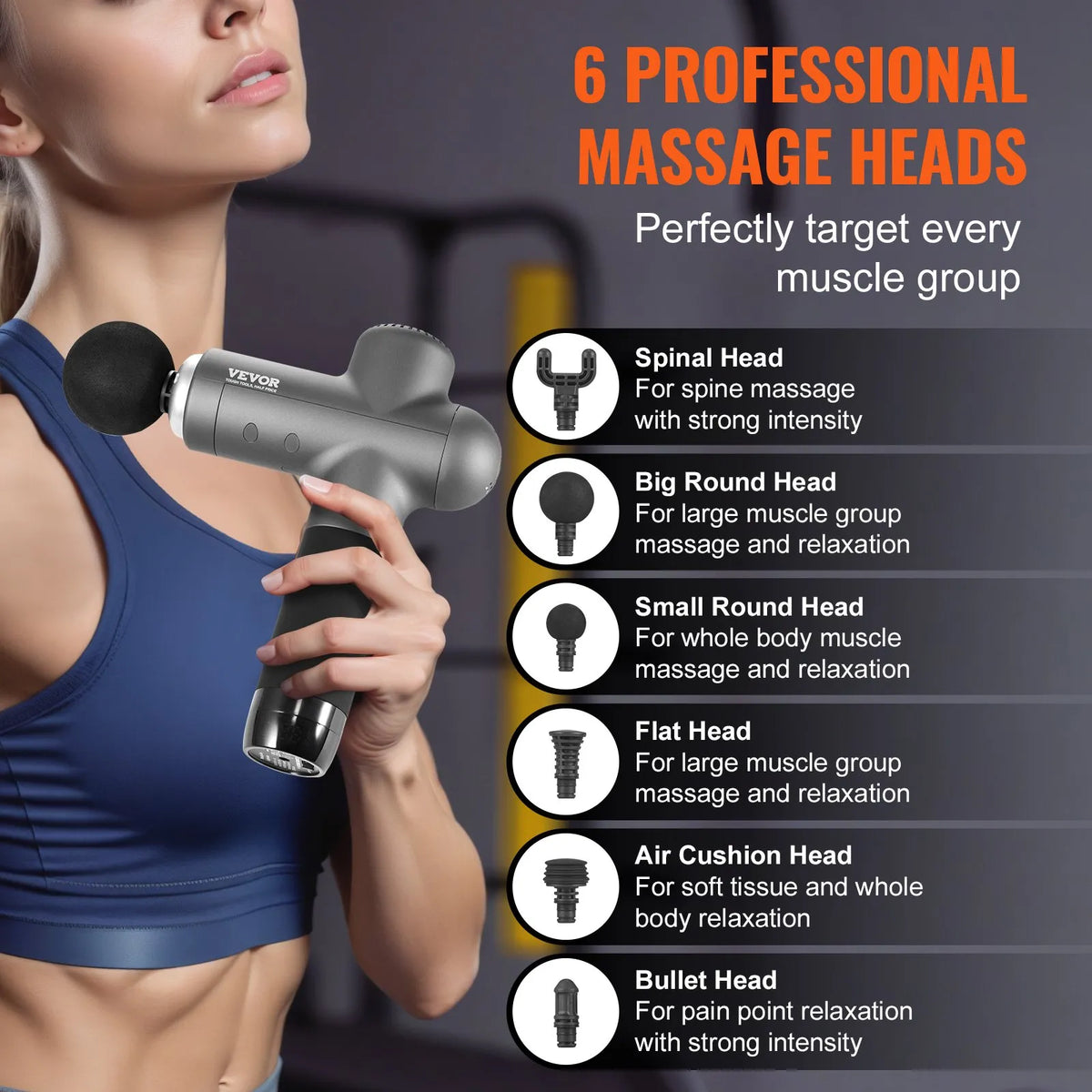 VEVOR Deep Tissue Massage Gun, Percussion Muscle Massage Device for Athletes with 8 Speed Levels and 6 Massage Heads, 24V 2500mAh Battery for Pain Relief and Muscle Relaxation