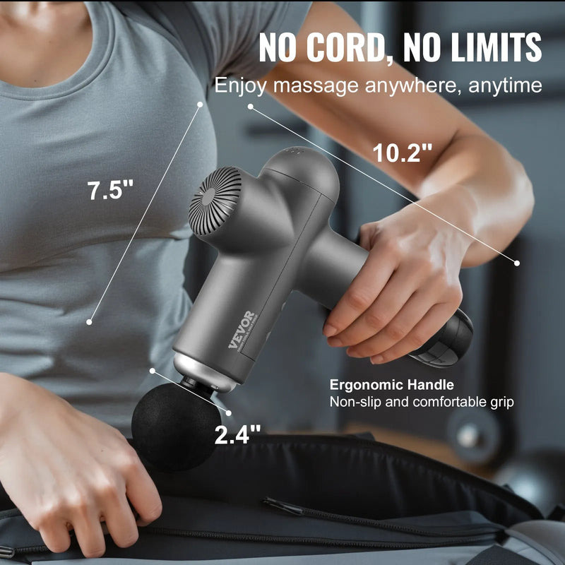 VEVOR dziļo audu masāžas pistole, perkusīvā muskuļu masāžas ierīce sportistiem ar 8 ātruma līmeņiem un 6 masāžas uzgaļiem, 24 V 2500 mAh akumulators sāpju mazināšanai un muskuļu relaksācijai