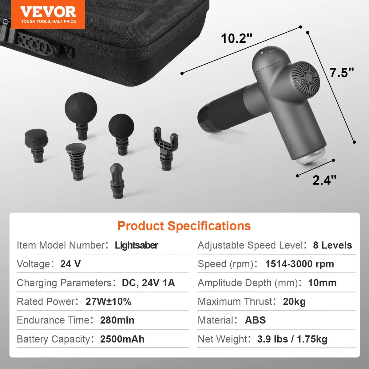 VEVOR Deep Tissue Massage Gun, Percussion Muscle Massage Device for Athletes with 8 Speed Levels and 6 Massage Heads, 24V 2500mAh Battery for Pain Relief and Muscle Relaxation