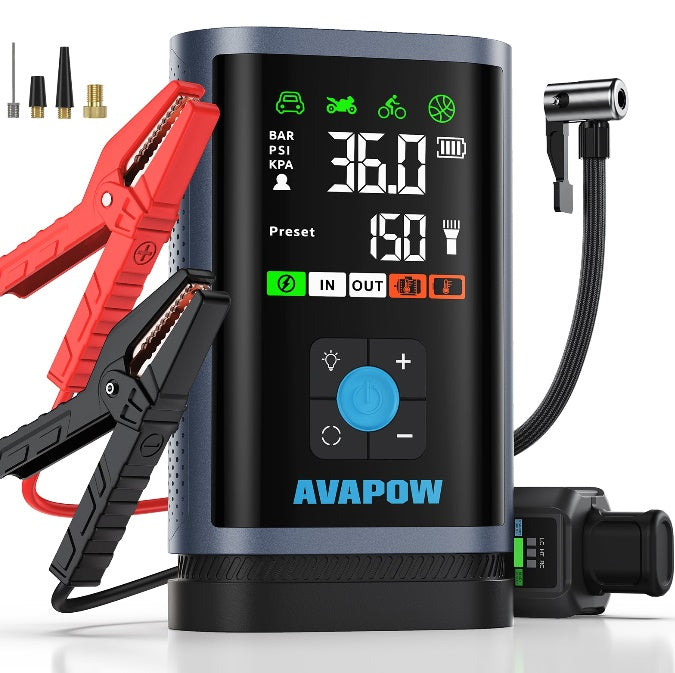 Palaišanas ierīce un gaisa kompresors JP3, 3000A, 16000 mAh, līdz 8,0 L benzīna / 4,5 L dīzeļdzinējiem, 150 PSI, USB-C PD 30 W, LED lukturis, komplektā uzgaļi