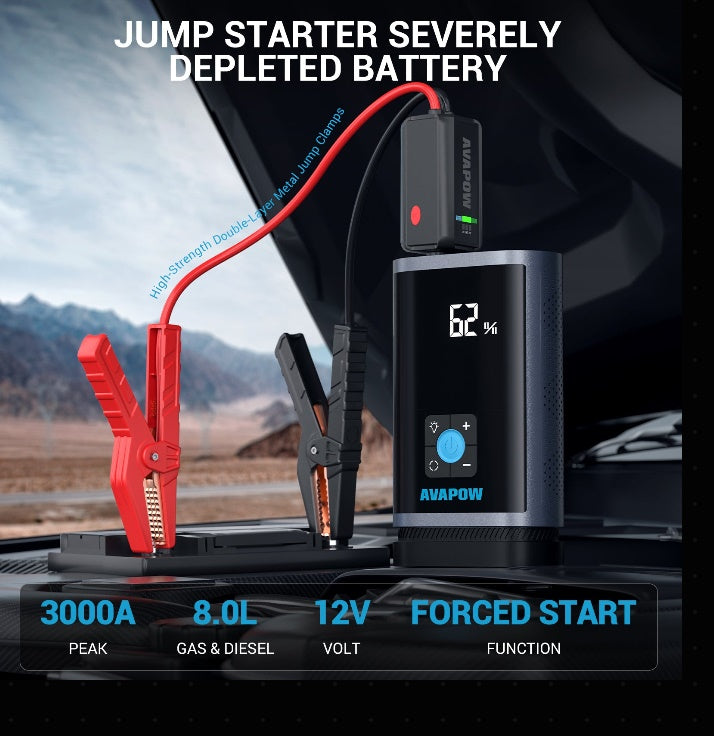 Palaišanas ierīce un gaisa kompresors JP3, 3000A, 16000 mAh, līdz 8,0 L benzīna / 4,5 L dīzeļdzinējiem, 150 PSI, USB-C PD 30 W, LED lukturis, komplektā uzgaļi