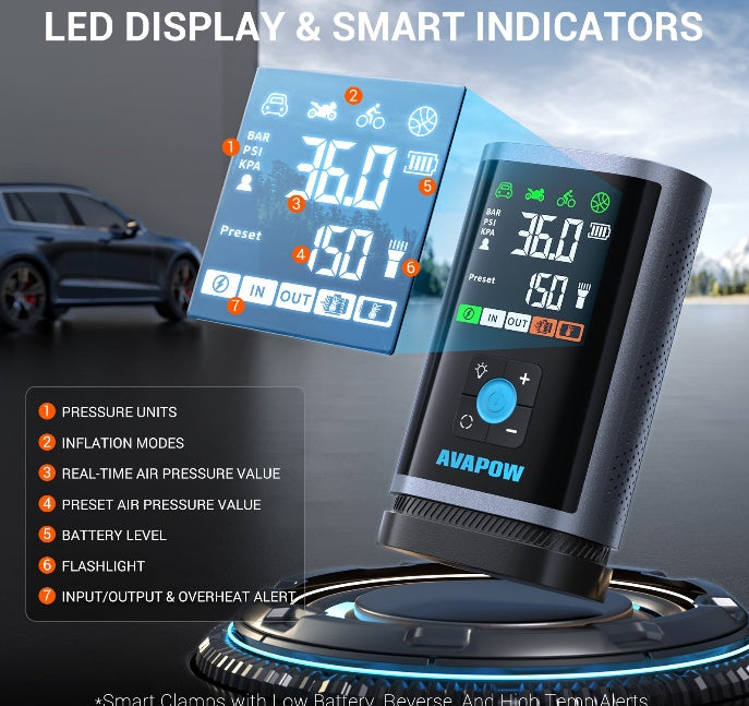 Palaišanas ierīce un gaisa kompresors JP3, 3000A, 16000 mAh, līdz 8,0 L benzīna / 4,5 L dīzeļdzinējiem, 150 PSI, USB-C PD 30 W, LED lukturis, komplektā uzgaļi