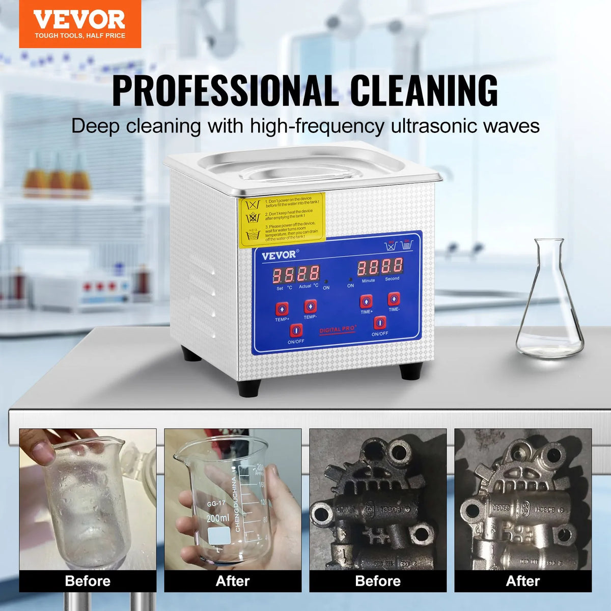 VEVOR Professional Ultrasonic Cleaner, 0.3 l Ultrasonic Jewellery Cleaner with Digital Timer and Heating, Stainless Steel 40 kHz Industrial Ultrasonic Cleaner for Glasses, Watches, Rings and Small Parts