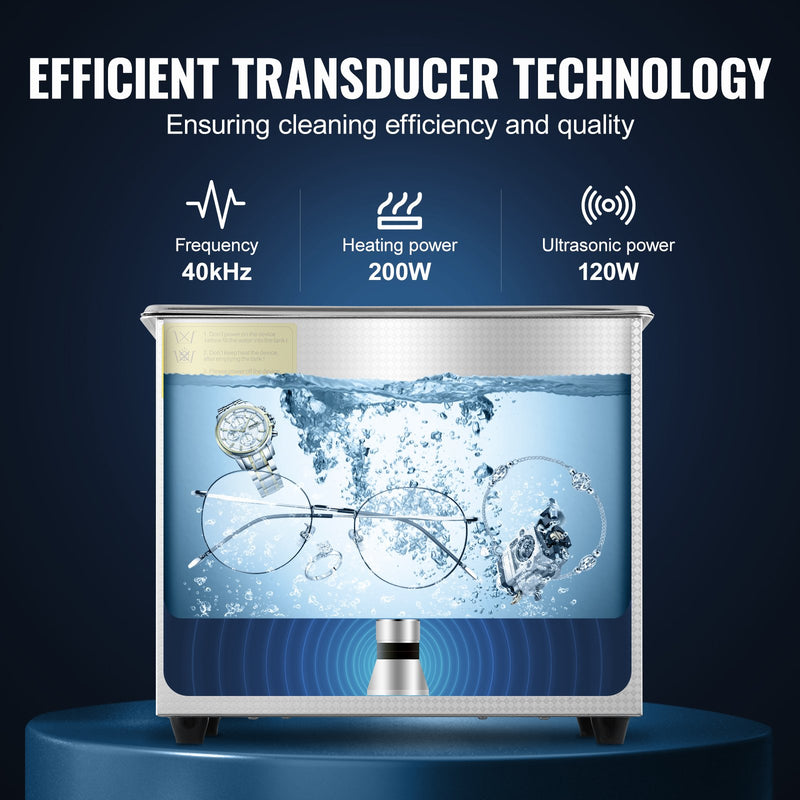 VEVOR 3L ultraskaņas tīrīšanas ierīce nerūsējošā tērauda ar digitālu sildītāju un taimeri, piemērota juvelierizstrādājumu tīrīšanai, komerciālai un mājas lietošanai