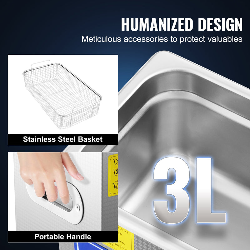 VEVOR 3L ultraskaņas tīrīšanas ierīce nerūsējošā tērauda ar digitālu sildītāju un taimeri, piemērota juvelierizstrādājumu tīrīšanai, komerciālai un mājas lietošanai