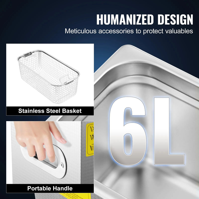 VEVOR profesionālais ultraskaņas tīrītājs, 6 l nerūsējošā tērauda trauku tīrītājs ar digitālo taimeri un sildītāju, 40 kHz tīrīšana brillēm, pulksteņiem, gredzeniem un mazām detaļām