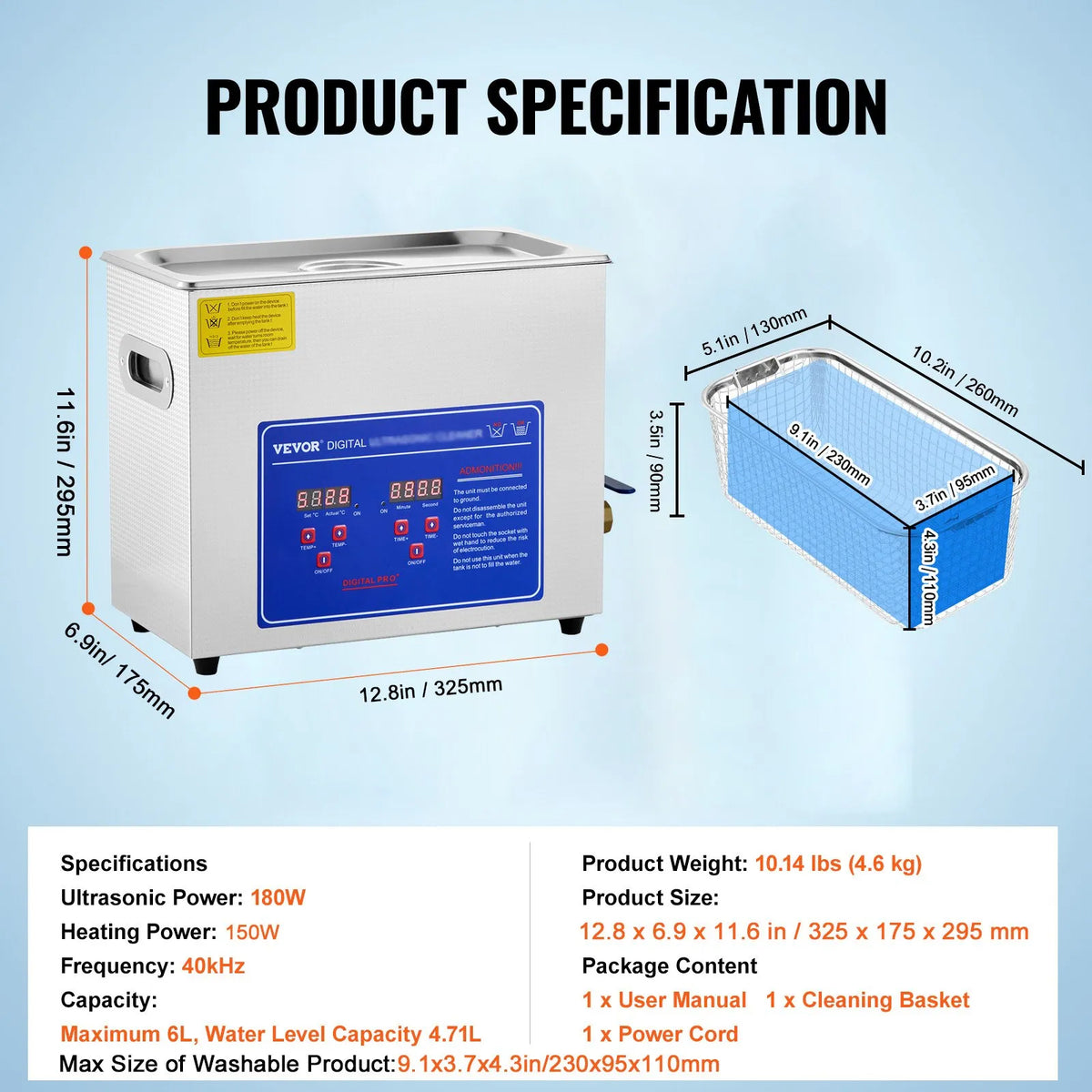 VEVOR Professional Ultrasonic Cleaner, 6 L Stainless Steel Tank Cleaner with Digital Timer and Heater, 40 kHz Cleaning for Glasses, Watches, Rings and Small Parts