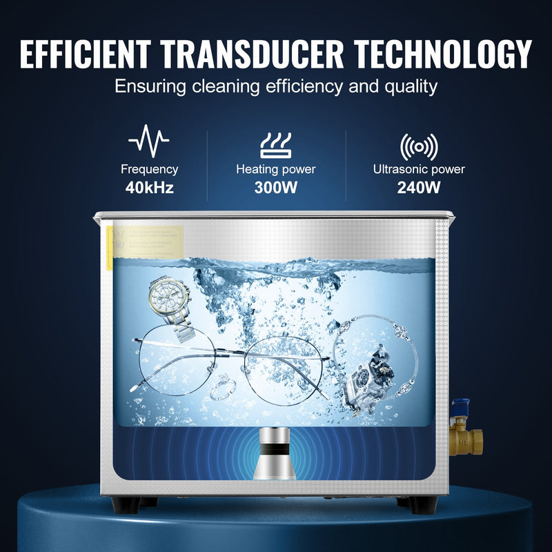 VEVOR 10L ultraskaņas tīrīšanas iekārta, nerūsējošā tērauda ultraskaņas tīrītājs ar digitālo sildītāju un taimeri, piemērots rotaslietām, komerciālai, personīgai un mājas lietošanai.