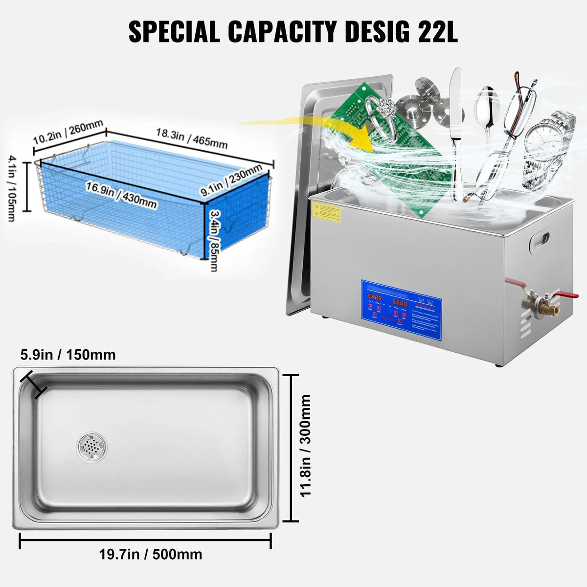 VEVOR 22 L Ultrasonic Cleaning Machine Stainless Steel with Digital Heater, Timer and Basket (22 L) — Suitable for Commercial and Home Use, Providing Efficient Ultrasonic Cleaning for Jewellery, Glasses, Instruments and Other Items