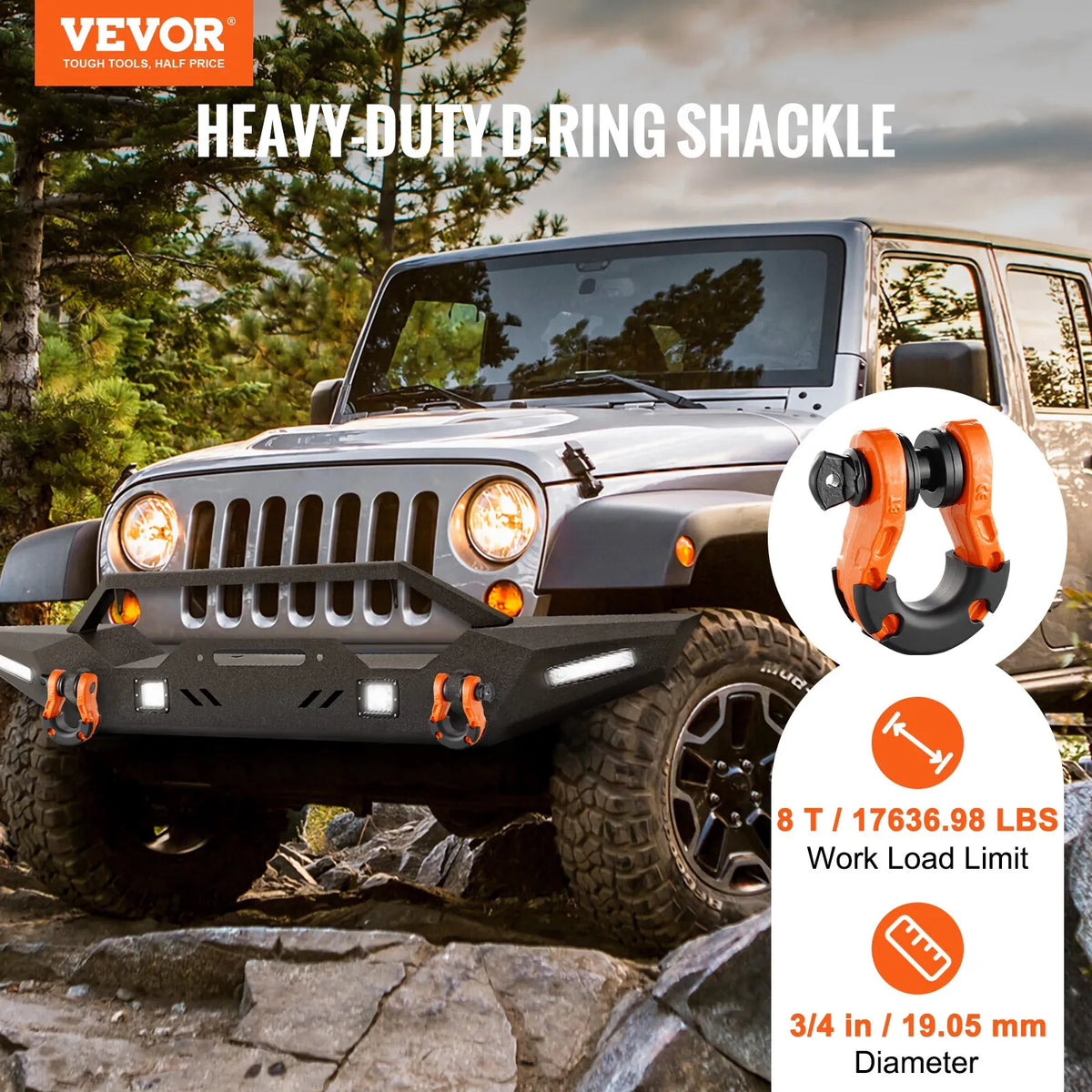 2 pcs 19 mm D-shaped shackles with 22 mm screw pin, 30,000 kg breaking strength