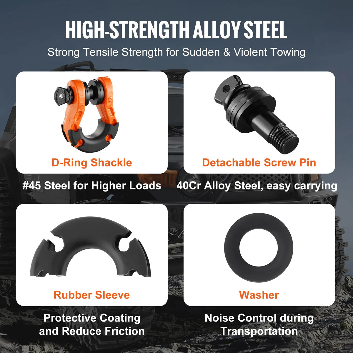 2 pcs 19 mm D-shaped shackles with 22 mm screw pin, 30,000 kg breaking strength
