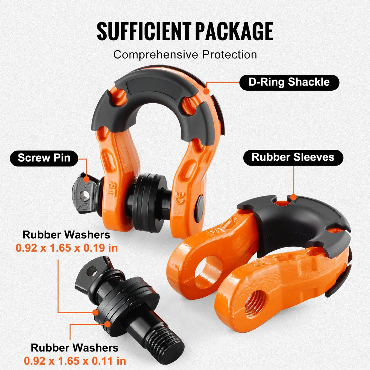 2 pcs 19 mm D-shaped shackles with 22 mm screw pin, 30,000 kg breaking strength