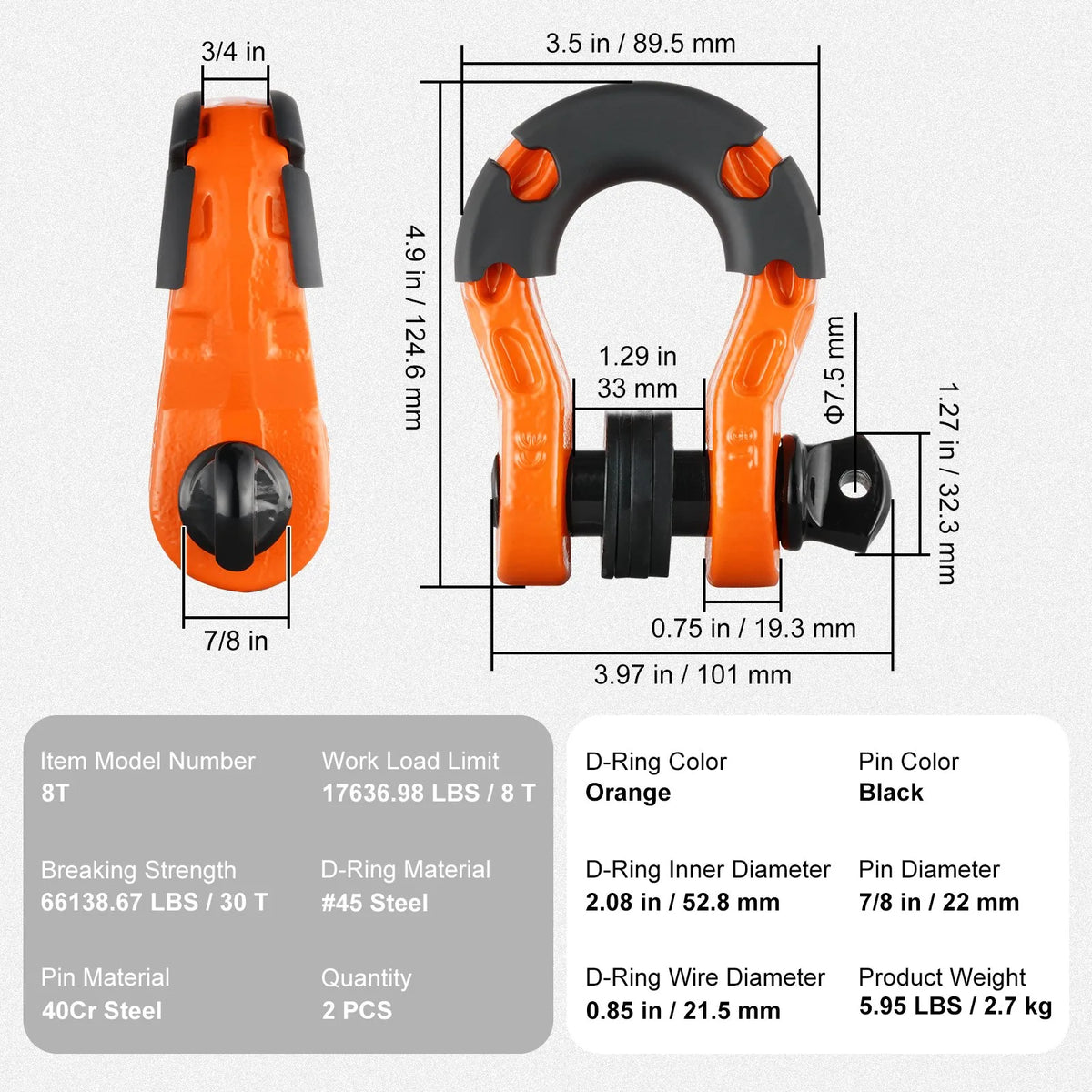 2 pcs 19 mm D-shaped shackles with 22 mm screw pin, 30,000 kg breaking strength