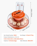 VEVOR 12 olu inkubators ar automātisku olu grozītāju, LED ovoskopu, temperatūras un mitruma kontroli, caurspīdīgu 360° skata logu putnu olu inkubēšanai mājai un saimniecībai (cāļi, pīles, zosis, paipalas)