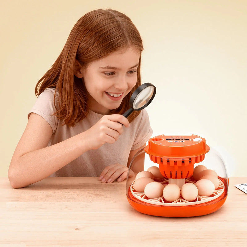 VEVOR 12 olu inkubators ar automātisku olu grozītāju, LED ovoskopu, temperatūras un mitruma kontroli, caurspīdīgu 360° skata logu putnu olu inkubēšanai mājai un saimniecībai (cāļi, pīles, zosis, paipalas)