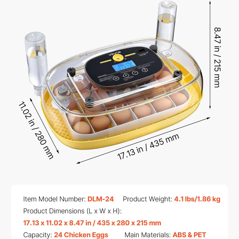 VEVOR 24 olu inkubators ar automātisku olu grozītāju un LED ovoskopu, temperatūras un mitruma kontroli, 360° skata caurspīdīgu vāku, automātisku ūdens papildināšanu mājputnu olu inkubēšanai (cāļiem, pīlēm, zosīm, paipalām)